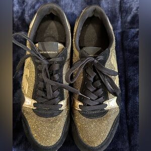NWOT EMPORIO ARMANI black and gold women’s sneakers. Size 7.5 / 38.
